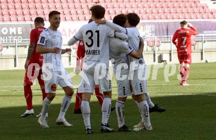 Fussball 2. Liga. SK Austria Klagenfurt gegen  FC Mohren Dornbirn.  Torjubel Thorsten Mahrer, Kosmas Gkezos, Simon Straudi, Darijo Pecirep (Klagenfurt). Klagenfurt, am 6.3.2021.
Foto: Kuess
www.qspictures.net
---
pressefotos, pressefotografie, kuess, qs, qspictures, sport, bild, bilder, bilddatenbank