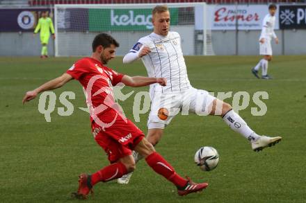 Fussball 2. Liga. SK Austria Klagenfurt gegen  FC Mohren Dornbirn.   Florian Jaritz (Klagenfurt), Lukas Allgaeuer (Dornbirn). Klagenfurt, am 6.3.2021.
Foto: Kuess
www.qspictures.net
---
pressefotos, pressefotografie, kuess, qs, qspictures, sport, bild, bilder, bilddatenbank