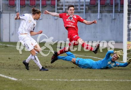 Fussball 2. Liga. SK Austria Klagenfurt gegen  FC Mohren Dornbirn.   Patrick Greil (Klagenfurt),  Florian Prirsch,  Lucas Bundschuh (Dornbirn). Klagenfurt, am 6.3.2021.
Foto: Kuess
www.qspictures.net
---
pressefotos, pressefotografie, kuess, qs, qspictures, sport, bild, bilder, bilddatenbank