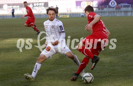 Fussball 2. Liga. SK Austria Klagenfurt gegen  FC Mohren Dornbirn.   Simon Straudi (Klagenfurt), Florian Prirsch (Dornbirn). Klagenfurt, am 6.3.2021.
Foto: Kuess
www.qspictures.net
---
pressefotos, pressefotografie, kuess, qs, qspictures, sport, bild, bilder, bilddatenbank