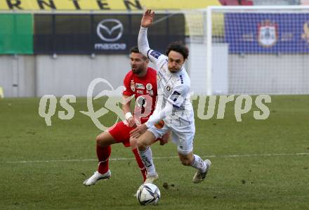Fussball 2. Liga. SK Austria Klagenfurt gegen  FC Mohren Dornbirn.  Simon Straudi (Klagenfurt), Lukas Katnik (Dornbirn). Klagenfurt, am 6.3.2021.
Foto: Kuess
www.qspictures.net
---
pressefotos, pressefotografie, kuess, qs, qspictures, sport, bild, bilder, bilddatenbank