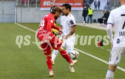 Fussball 2. Liga. SK Austria Klagenfurt gegen  FC Mohren Dornbirn.  Maximiliano Moreira Romero (Klagenfurt), Franco Joppi (Dornbirn). Klagenfurt, am 6.3.2021.
Foto: Kuess
www.qspictures.net
---
pressefotos, pressefotografie, kuess, qs, qspictures, sport, bild, bilder, bilddatenbank
