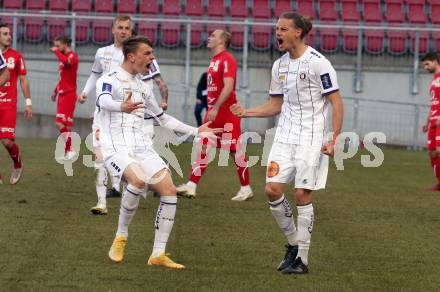 Fussball 2. Liga. SK Austria Klagenfurt gegen  FC Mohren Dornbirn.  Torjubel Tim Maciejewski, Patrick Greil (Klagenfurt). Klagenfurt, am 6.3.2021.
Foto: Kuess
www.qspictures.net
---
pressefotos, pressefotografie, kuess, qs, qspictures, sport, bild, bilder, bilddatenbank