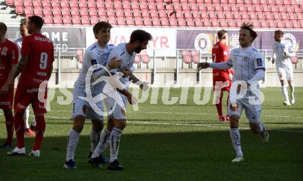 Fussball 2. Liga. SK Austria Klagenfurt gegen  FC Mohren Dornbirn.  Torjubel Thorsten Mahrer, Kosmas Gkezos, Simon Straudi,  (Klagenfurt). Klagenfurt, am 6.3.2021.
Foto: Kuess
www.qspictures.net
---
pressefotos, pressefotografie, kuess, qs, qspictures, sport, bild, bilder, bilddatenbank