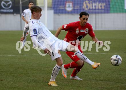 Fussball 2. Liga. SK Austria Klagenfurt gegen  FC Mohren Dornbirn.   Tim Maciejewski (Klagenfurt), Hamed Saleh (Dornbirn). Klagenfurt, am 6.3.2021.
Foto: Kuess
www.qspictures.net
---
pressefotos, pressefotografie, kuess, qs, qspictures, sport, bild, bilder, bilddatenbank
