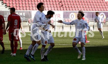 Fussball 2. Liga. SK Austria Klagenfurt gegen  FC Mohren Dornbirn.  Torjubel Thorsten Mahrer, Kosmas Gkezos, Simon Straudi,  (Klagenfurt). Klagenfurt, am 6.3.2021.
Foto: Kuess
www.qspictures.net
---
pressefotos, pressefotografie, kuess, qs, qspictures, sport, bild, bilder, bilddatenbank