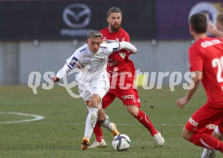 Fussball 2. Liga. SK Austria Klagenfurt gegen  FC Mohren Dornbirn.   Fabio Markelic (Klagenfurt), Franco Joppi (Dornbirn). Klagenfurt, am 6.3.2021.
Foto: Kuess
www.qspictures.net
---
pressefotos, pressefotografie, kuess, qs, qspictures, sport, bild, bilder, bilddatenbank