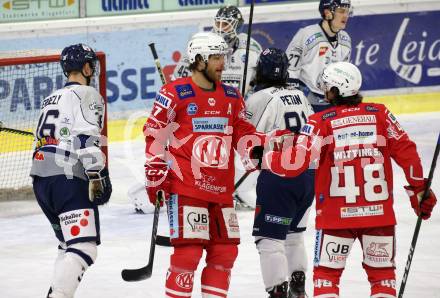 EBEL. Eishockey Bundesliga. KAC gegen	Fehervar AV19. Torjubel Thomas Hundertpfund, Samuel Witting (KAC). Klagenfurt, am 7.3.2021.
Foto: Kuess
www.qspictures.net

---
pressefotos, pressefotografie, kuess, qs, qspictures, sport, bild, bilder, bilddatenbank