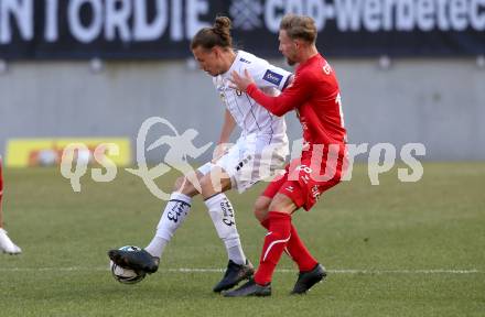 Fussball 2. Liga. SK Austria Klagenfurt gegen  FC Mohren Dornbirn.   Patrick Greil (Klagenfurt), Timo Friedrich (Dornbirn). Klagenfurt, am 6.3.2021.
Foto: Kuess
www.qspictures.net
---
pressefotos, pressefotografie, kuess, qs, qspictures, sport, bild, bilder, bilddatenbank