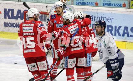 EBEL. Eishockey Bundesliga. KAC gegen	Fehervar AV19. Torjubel Blaz Gregorc, Matthew Fraser, Rok Ticar, Thomas Koch (KAC). Klagenfurt, am 7.3.2021.
Foto: Kuess
www.qspictures.net

---
pressefotos, pressefotografie, kuess, qs, qspictures, sport, bild, bilder, bilddatenbank