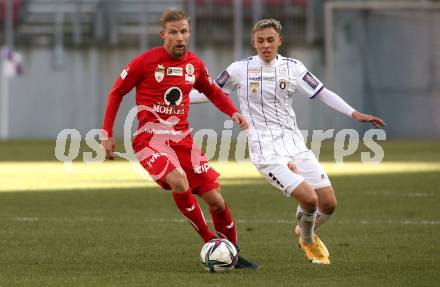 Fussball 2. Liga. SK Austria Klagenfurt gegen  FC Mohren Dornbirn.   Fabio Markelic (Klagenfurt), Timo Friedrich (Dornbirn). Klagenfurt, am 6.3.2021.
Foto: Kuess
www.qspictures.net
---
pressefotos, pressefotografie, kuess, qs, qspictures, sport, bild, bilder, bilddatenbank