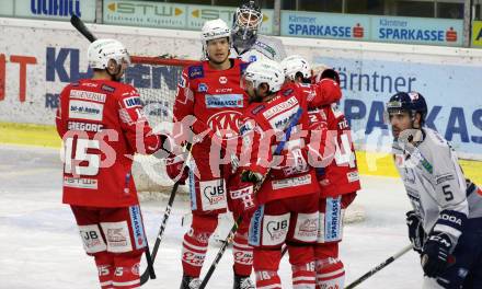 EBEL. Eishockey Bundesliga. KAC gegen	Fehervar AV19.  Torjubel Blaz Gregorc, Matthew Fraser, Rok Ticar, Thomas Koch (KAC). Klagenfurt, am 7.3.2021.
Foto: Kuess
www.qspictures.net

---
pressefotos, pressefotografie, kuess, qs, qspictures, sport, bild, bilder, bilddatenbank