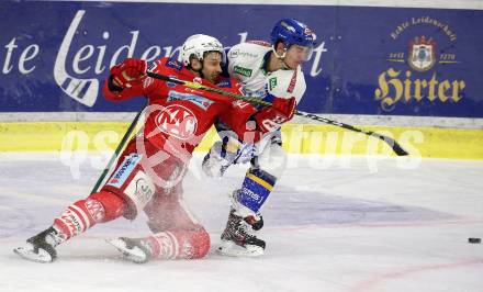 EBEL. Eishockey Bundesliga. KAC gegen	VSV. Blaz Gregorc,  (KAC), Felix Maxa  (VSV). Klagenfurt, am 12.3.2021.
Foto: Kuess
www.qspictures.net

---
pressefotos, pressefotografie, kuess, qs, qspictures, sport, bild, bilder, bilddatenbank