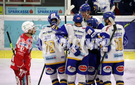 EBEL. Eishockey Bundesliga. KAC gegen	VSV.  Torjubel Felix Maxa, Kevin Schmidt, Raphael Wolf, Martin Ulmer, Julian Kornelli (VSV). Klagenfurt, am 12.3.2021.
Foto: Kuess
www.qspictures.net

---
pressefotos, pressefotografie, kuess, qs, qspictures, sport, bild, bilder, bilddatenbank
