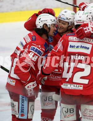 EBEL. Eishockey Bundesliga. KAC gegen	VSV. Torjubel Samuel Witting, Johannes Bischofberger, Rok Ticar,  (KAC). Klagenfurt, am 12.3.2021.
Foto: Kuess
www.qspictures.net

---
pressefotos, pressefotografie, kuess, qs, qspictures, sport, bild, bilder, bilddatenbank