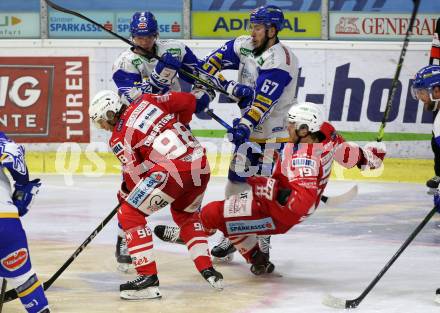 EBEL. Eishockey Bundesliga. KAC gegen	VSV. Daniel Obersteiner, Stefan Geier, (KAC),   Scott Kosmachuk, Jordan Caron (VSV). Klagenfurt, am 12.3.2021.
Foto: Kuess
www.qspictures.net

---
pressefotos, pressefotografie, kuess, qs, qspictures, sport, bild, bilder, bilddatenbank