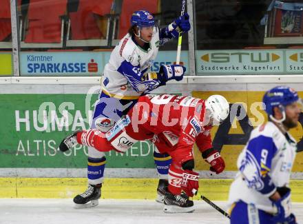 EBEL. Eishockey Bundesliga. KAC gegen	VSV. Stefan Geier, (KAC),  Raphael Wolf  (VSV). Klagenfurt, am 12.3.2021.
Foto: Kuess
www.qspictures.net

---
pressefotos, pressefotografie, kuess, qs, qspictures, sport, bild, bilder, bilddatenbank
