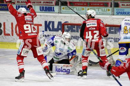 EBEL. Eishockey Bundesliga. KAC gegen	VSV. Torjubel Matthew Fraser, Rok Ticar (KAC). Klagenfurt, am 12.3.2021.
Foto: Kuess
www.qspictures.net

---
pressefotos, pressefotografie, kuess, qs, qspictures, sport, bild, bilder, bilddatenbank