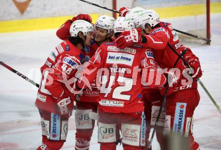 EBEL. Eishockey Bundesliga. KAC gegen	VSV. Torjubel Samuel Witting, Johannes Bischofberger, Rok Ticar, Thomas Vallant, Kele Steffler (KAC). Klagenfurt, am 12.3.2021.
Foto: Kuess
www.qspictures.net

---
pressefotos, pressefotografie, kuess, qs, qspictures, sport, bild, bilder, bilddatenbank