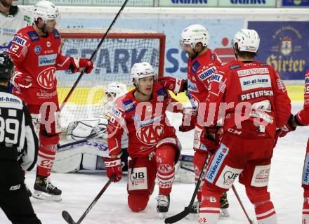 EBEL. Eishockey Bundesliga. KAC gegen	VSV. Torjubel Rok Ticar, Matthew Fraser, Thomas Koch, Nicholas Eric Petersen (KAC). Klagenfurt, am 12.3.2021.
Foto: Kuess
www.qspictures.net

---
pressefotos, pressefotografie, kuess, qs, qspictures, sport, bild, bilder, bilddatenbank