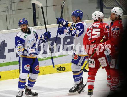 EBEL. Eishockey Bundesliga. VSV gegen KAC.  Torjubel Sahir Gill, Scott Kosmachuk (VSV). Villach, am 14.3.2021.
Foto: Kuess
www.qspictures.net
---
pressefotos, pressefotografie, kuess, qs, qspictures, sport, bild, bilder, bilddatenbank