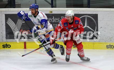 EBEL. Eishockey Bundesliga. VSV gegen KAC. Nico Brunner,   (VSV), Nicholas Eric Petersen (KAC). Villach, am 14.3.2021.
Foto: Kuess
www.qspictures.net
---
pressefotos, pressefotografie, kuess, qs, qspictures, sport, bild, bilder, bilddatenbank