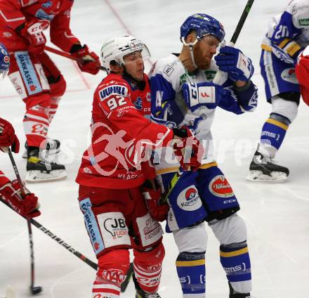 EBEL. Eishockey Bundesliga. VSV gegen KAC.  Jamie Fraser,  (VSV), Clemens Unterweger (KAC). Villach, am 14.3.2021.
Foto: Kuess
www.qspictures.net
---
pressefotos, pressefotografie, kuess, qs, qspictures, sport, bild, bilder, bilddatenbank
