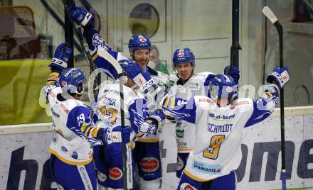 EBEL. Eishockey Bundesliga. VSV gegen KAC. Torjubel Sahir Gill, Martin Ulmer, Jordan Caron, Scott Kosmachuk, Kevin Schmidt  (VSV). Villach, am 14.3.2021.
Foto: Kuess
www.qspictures.net
---
pressefotos, pressefotografie, kuess, qs, qspictures, sport, bild, bilder, bilddatenbank