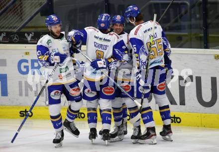 EBEL. Eishockey Bundesliga. VSV gegen KAC.  Torjubel Sahir Gill, Scott Kosmachuk, Kevin Schmidt, JOrdan Caron, Raphael Wolf (VSV). Villach, am 14.3.2021.
Foto: Kuess
www.qspictures.net
---
pressefotos, pressefotografie, kuess, qs, qspictures, sport, bild, bilder, bilddatenbank