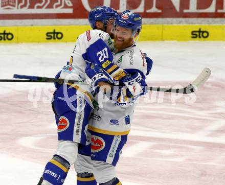 EBEL. Eishockey Bundesliga. VSV gegen KAC. Torjubel Nico Brunner, Jamie Fraser  (VSV). Villach, am 14.3.2021.
Foto: Kuess
www.qspictures.net
---
pressefotos, pressefotografie, kuess, qs, qspictures, sport, bild, bilder, bilddatenbank