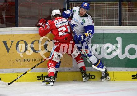 EBEL. Eishockey Bundesliga. VSV gegen KAC.  Jordan Caron, (VSV), Manuel Geier  (KAC). Villach, am 14.3.2021.
Foto: Kuess
www.qspictures.net
---
pressefotos, pressefotografie, kuess, qs, qspictures, sport, bild, bilder, bilddatenbank