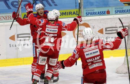 EBEL. Eishockey Bundesliga. KAC gegen	VSV. Torjubel Matthew Fraser, Thomas Koch, Thomas Vallant, Lukas Haudum (KAC). Klagenfurt, am 16.3.2021.
Foto: Kuess
www.qspictures.net

---
pressefotos, pressefotografie, kuess, qs, qspictures, sport, bild, bilder, bilddatenbank