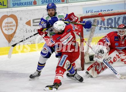 EBEL. Eishockey Bundesliga. KAC gegen	VSV. Manuel Geier, (KAC),  Julian Kornelli  (VSV). Klagenfurt, am 16.3.2021.
Foto: Kuess
www.qspictures.net

---
pressefotos, pressefotografie, kuess, qs, qspictures, sport, bild, bilder, bilddatenbank