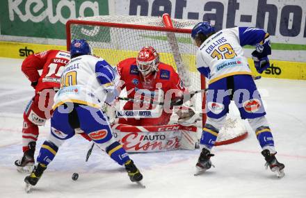 EBEL. Eishockey Bundesliga. VSV gegen KAC. Julian Kornelli, Chris Collins,  (VSV), Thomas Vallant, Sebastian Dahm  (KAC). Villach, am 19.3.2021.
Foto: Kuess
www.qspictures.net
---
pressefotos, pressefotografie, kuess, qs, qspictures, sport, bild, bilder, bilddatenbank