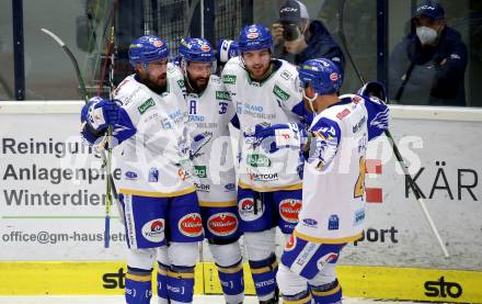 EBEL. Eishockey Bundesliga. VSV gegen KAC.  Torjubel Matt Mangene, Jerry Pollastrone, Julian Kornelli, Jamie Fraser (VSV). Villach, am 19.3.2021.
Foto: Kuess
www.qspictures.net
---
pressefotos, pressefotografie, kuess, qs, qspictures, sport, bild, bilder, bilddatenbank