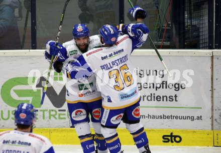 EBEL. Eishockey Bundesliga. VSV gegen KAC.  Torjubel Matt Mangene, Jerry Pollastrone (VSV). Villach, am 19.3.2021.
Foto: Kuess
www.qspictures.net
---
pressefotos, pressefotografie, kuess, qs, qspictures, sport, bild, bilder, bilddatenbank