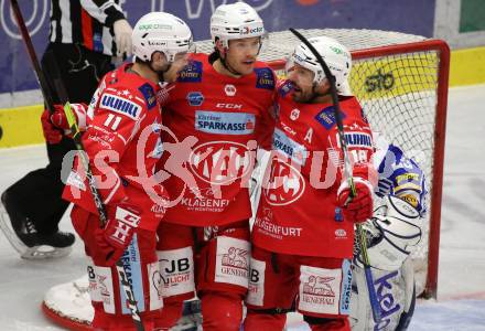 EBEL. Eishockey Bundesliga. VSV gegen KAC.  Torjubel Lukas Haudum, Matthew Fraser, Thomas Koch (KAC). Villach, am 19.3.2021.
Foto: Kuess
www.qspictures.net
---
pressefotos, pressefotografie, kuess, qs, qspictures, sport, bild, bilder, bilddatenbank