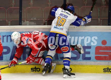 EBEL. Eishockey Bundesliga. VSV gegen KAC.  Stefan Bacher,  (VSV),  Thomas Vallant (KAC). Villach, am 19.3.2021.
Foto: Kuess
www.qspictures.net
---
pressefotos, pressefotografie, kuess, qs, qspictures, sport, bild, bilder, bilddatenbank