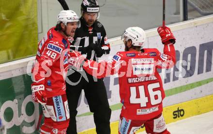 EBEL. Eishockey Bundesliga. VSV gegen KAC.  Torjubel Samuel Witting, Johannes Bischofberger (KAC). Villach, am 19.3.2021.
Foto: Kuess
www.qspictures.net
---
pressefotos, pressefotografie, kuess, qs, qspictures, sport, bild, bilder, bilddatenbank