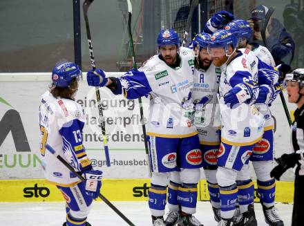 EBEL. Eishockey Bundesliga. VSV gegen KAC.  Torjubel Chris Collins, Matt Mangene, Jerry Pollastrone, Julian Kornelli, Jamie Fraser (VSV). Villach, am 19.3.2021.
Foto: Kuess
www.qspictures.net
---
pressefotos, pressefotografie, kuess, qs, qspictures, sport, bild, bilder, bilddatenbank