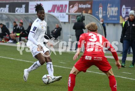 Fussball 2. Liga. SK Austria Klagenfurt gegen  SK Vorwaerts Steyr.   Kwabenaboye Schulz (Klagenfurt), Michael Halbartschlager (Steyr). Klagenfurt, am 20.3.2021.
Foto: Kuess
www.qspictures.net
---
pressefotos, pressefotografie, kuess, qs, qspictures, sport, bild, bilder, bilddatenbank