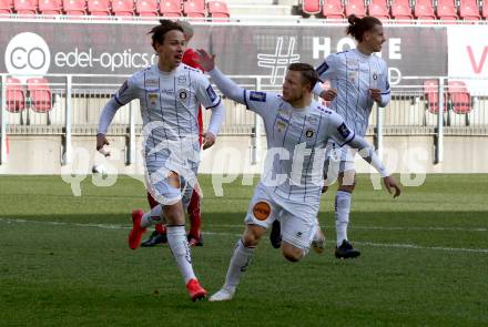 Fussball 2. Liga. SK Austria Klagenfurt gegen  SK Vorwaerts Steyr.  Torjubel Alex Timossi Andersson,  Fabian Miesenboeck (Klagenfurt). Klagenfurt, am 20.3.2021.
Foto: Kuess
www.qspictures.net
---
pressefotos, pressefotografie, kuess, qs, qspictures, sport, bild, bilder, bilddatenbank