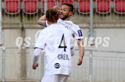 Fussball 2. Liga. SK Austria Klagenfurt gegen  SK Vorwaerts Steyr.  Torjubel Markus Pink, Patrick Greil (Klagenfurt). Klagenfurt, am 20.3.2021.
Foto: Kuess
www.qspictures.net
---
pressefotos, pressefotografie, kuess, qs, qspictures, sport, bild, bilder, bilddatenbank