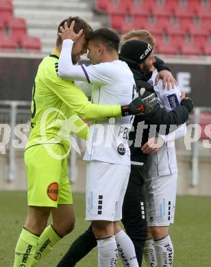 Fussball 2. Liga. SK Austria Klagenfurt gegen  SK Vorwaerts Steyr.  Jubel Phillip Menzel, Darijo Pecirep (Klagenfurt). Klagenfurt, am 20.3.2021.
Foto: Kuess
www.qspictures.net
---
pressefotos, pressefotografie, kuess, qs, qspictures, sport, bild, bilder, bilddatenbank