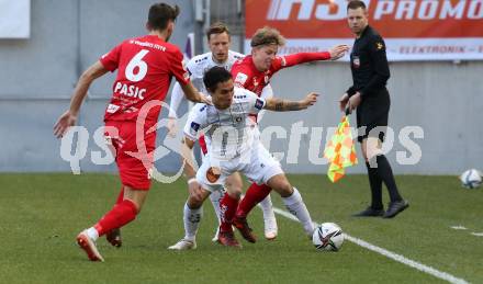 Fussball 2. Liga. SK Austria Klagenfurt gegen  SK Vorwaerts Steyr.  Maximiliano Moreira Romero, Christopher Brian Cvetko (Klagenfurt), Alem Pasic, Michael Halbartschlager,  (Steyr). Klagenfurt, am 20.3.2021.
Foto: Kuess
www.qspictures.net
---
pressefotos, pressefotografie, kuess, qs, qspictures, sport, bild, bilder, bilddatenbank