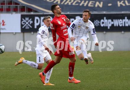 Fussball 2. Liga. SK Austria Klagenfurt gegen  SK Vorwaerts Steyr.   Fabian Miesenboeck (Klagenfurt), David Gonzalez Paz (Steyr). Klagenfurt, am 20.3.2021.
Foto: Kuess
www.qspictures.net
---
pressefotos, pressefotografie, kuess, qs, qspictures, sport, bild, bilder, bilddatenbank