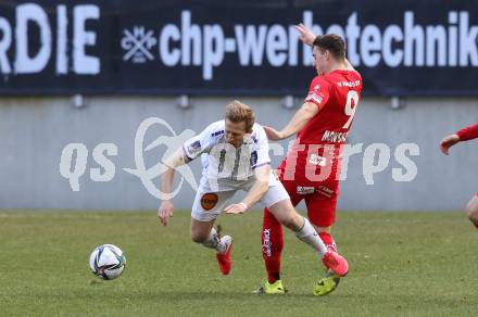 Fussball 2. Liga. SK Austria Klagenfurt gegen  SK Vorwaerts Steyr.  Christopher Brian Cvetko (Klagenfurt), Marcel Michael Monsberger (Steyr). Klagenfurt, am 20.3.2021.
Foto: Kuess
www.qspictures.net
---
pressefotos, pressefotografie, kuess, qs, qspictures, sport, bild, bilder, bilddatenbank