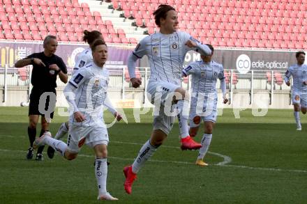 Fussball 2. Liga. SK Austria Klagenfurt gegen  SK Vorwaerts Steyr.  Torjubel Alex Timossi Andersson,  Fabian Miesenboeck (Klagenfurt). Klagenfurt, am 20.3.2021.
Foto: Kuess
www.qspictures.net
---
pressefotos, pressefotografie, kuess, qs, qspictures, sport, bild, bilder, bilddatenbank