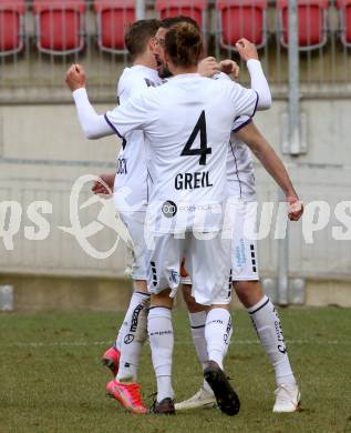 Fussball 2. Liga. SK Austria Klagenfurt gegen  SK Vorwaerts Steyr.  Torjubel Markus Pink, Patrick Greil, Fabian Miesenboeck, (Klagenfurt). Klagenfurt, am 20.3.2021.
Foto: Kuess
www.qspictures.net
---
pressefotos, pressefotografie, kuess, qs, qspictures, sport, bild, bilder, bilddatenbank