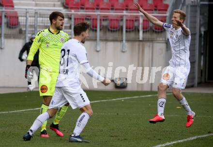 Fussball 2. Liga. SK Austria Klagenfurt gegen  SK Vorwaerts Steyr.  Jubel Phillip Menzel, Thorsten Mahrer,  Christopher Brian Cvetko (Klagenfurt). Klagenfurt, am 20.3.2021.
Foto: Kuess
www.qspictures.net
---
pressefotos, pressefotografie, kuess, qs, qspictures, sport, bild, bilder, bilddatenbank